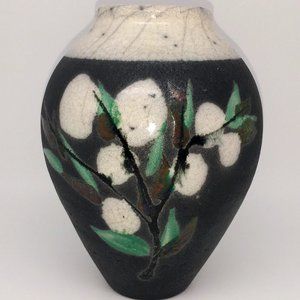 Vintage Studio Art Pottery Vase Floral Crackle Charred White Green Raku Signed